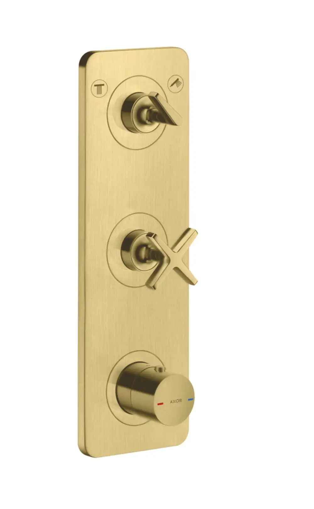 Thermostatmodul mit drei Bedienelementen, installiert auf einer rechteckigen Platte in gebürstetem Messing. Marke AXOR ist auf dem unteren Drehknopf sichtbar.